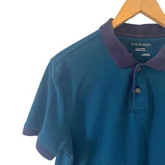 Calvin Klein Teal Navy Thin Stripes Liquid Touch Cotton Polo Shirt - Picture 3 of 10
